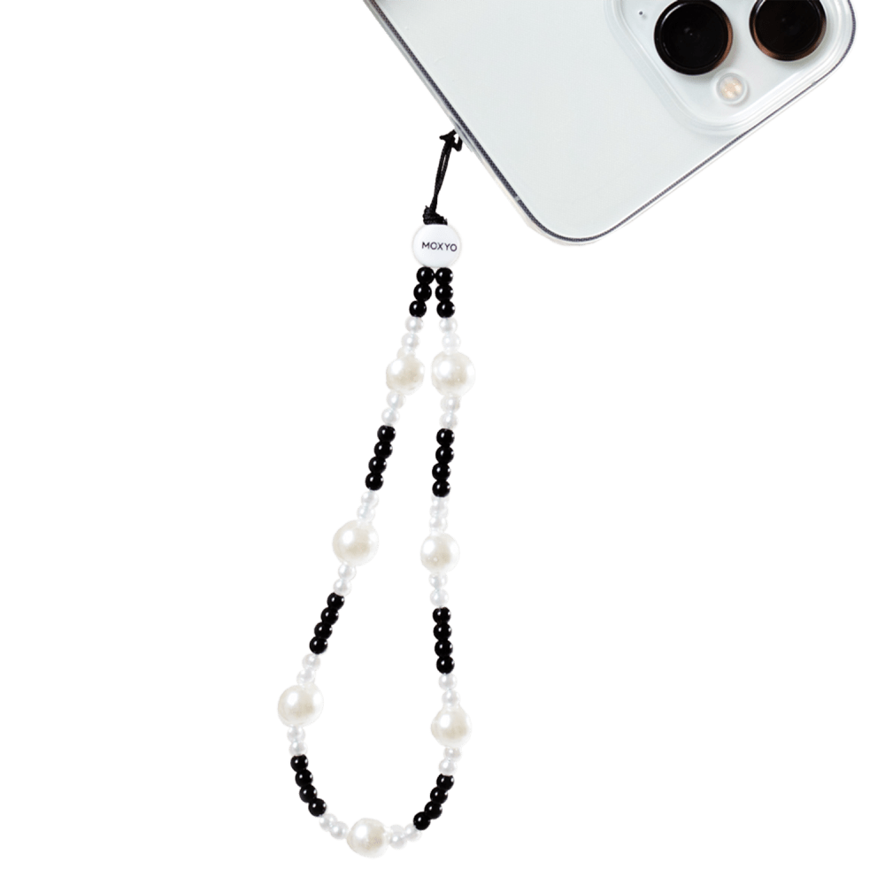 Wholesale cell phone accessory Moxyo - Lanyard Beaded Phone Charm - White and Black Pearl