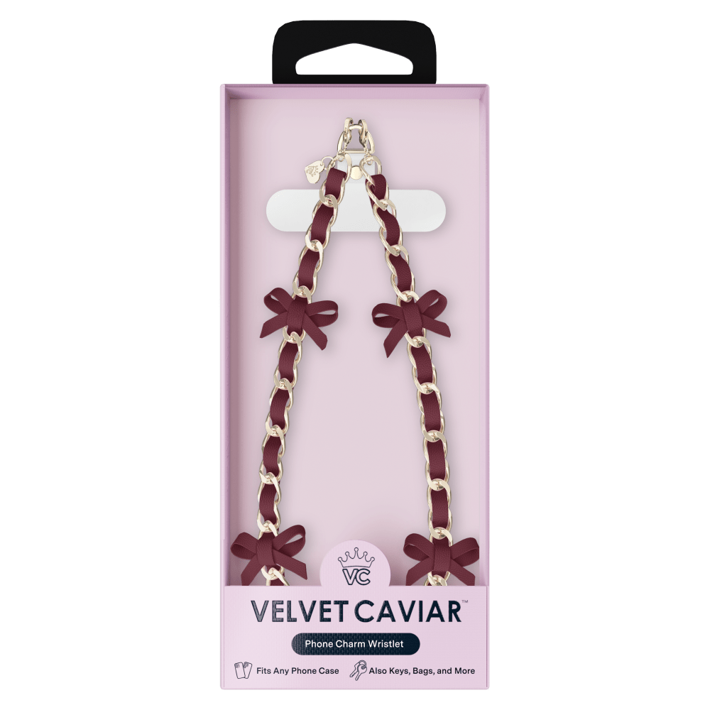 Wholesale cell phone accessory VELVET CAVIAR - Phone Charm Wristlet - Burgundy Bow Leather