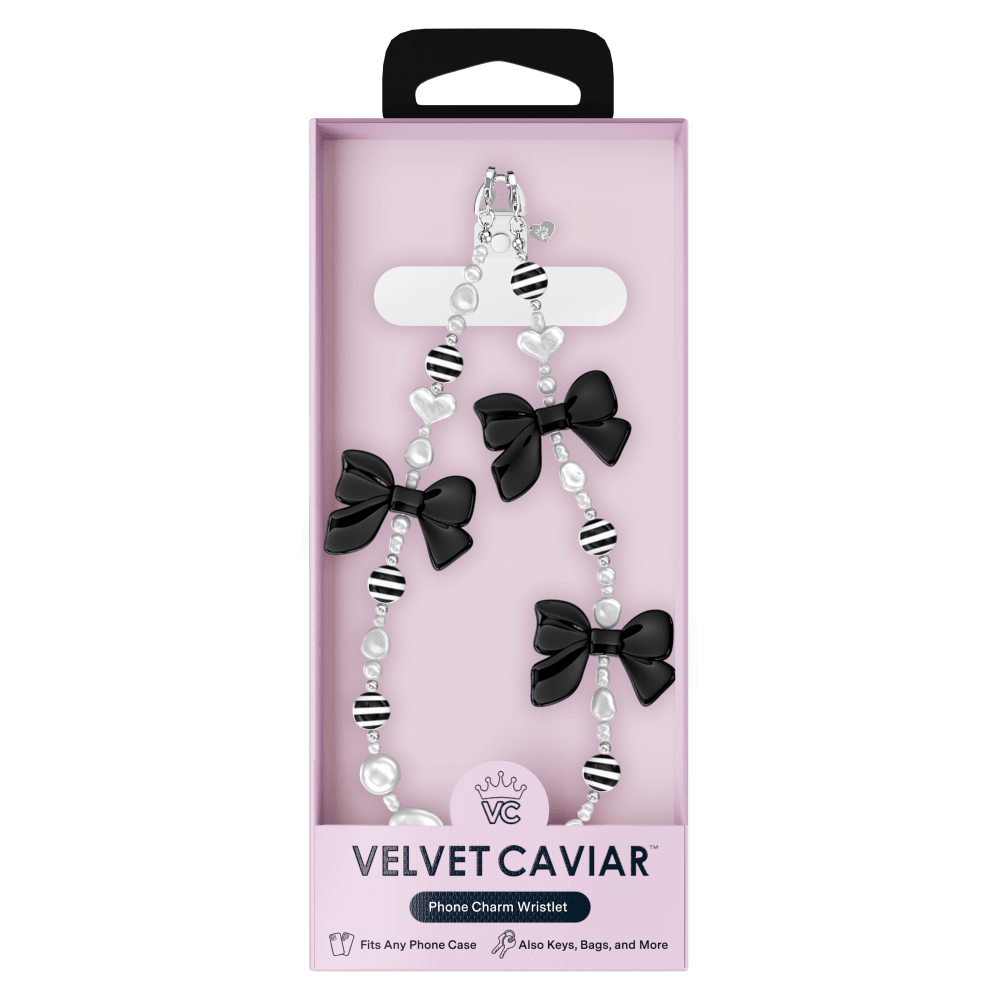 Wholesale cell phone accessory VELVET CAVIAR - Phone Charm Wristlet - Gothic Black Bows