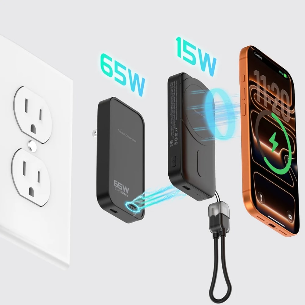 Wholesale cell phone accessory ReelCharge - 2-in-1 Power Bank 5,000 mAh and Wall Charger 65W
