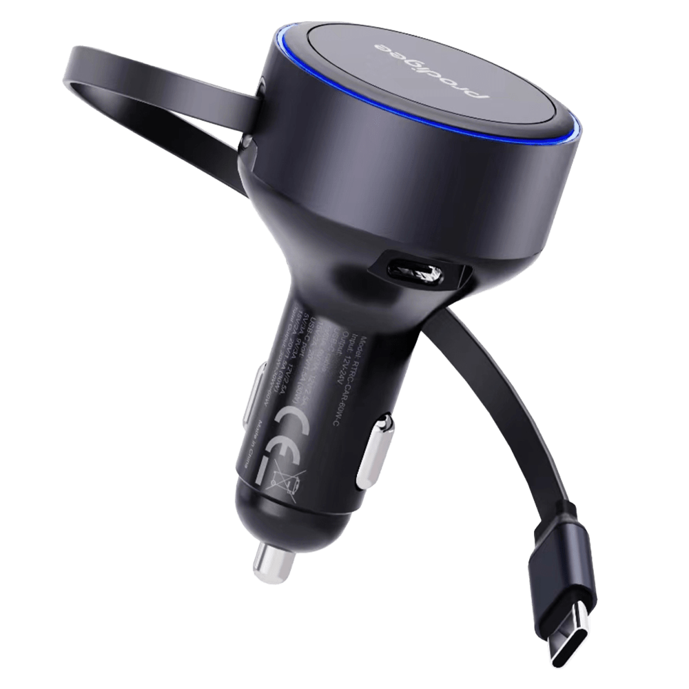 Wholesale cell phone accessory prodigee - Energee Retract-It Type C Car Charger 60W - Black