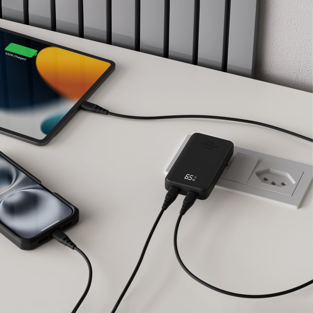 Wholesale cell phone accessory ITSKINS - Ultra-Slim Dual 65W USB C to USB C AVS Charger - Black