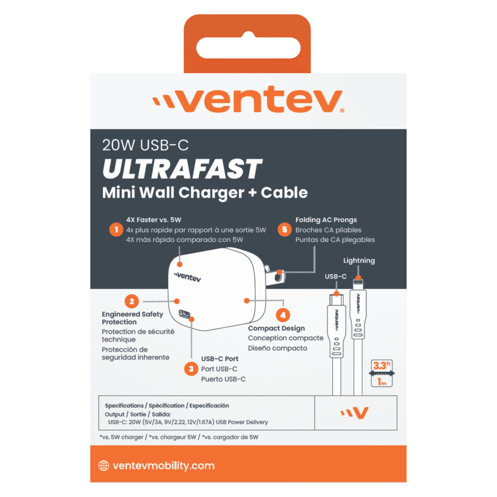 Wholesale cell phone accessory Ventev - 20W ULTRAFAST USB C Universal Mini Wall Charger and