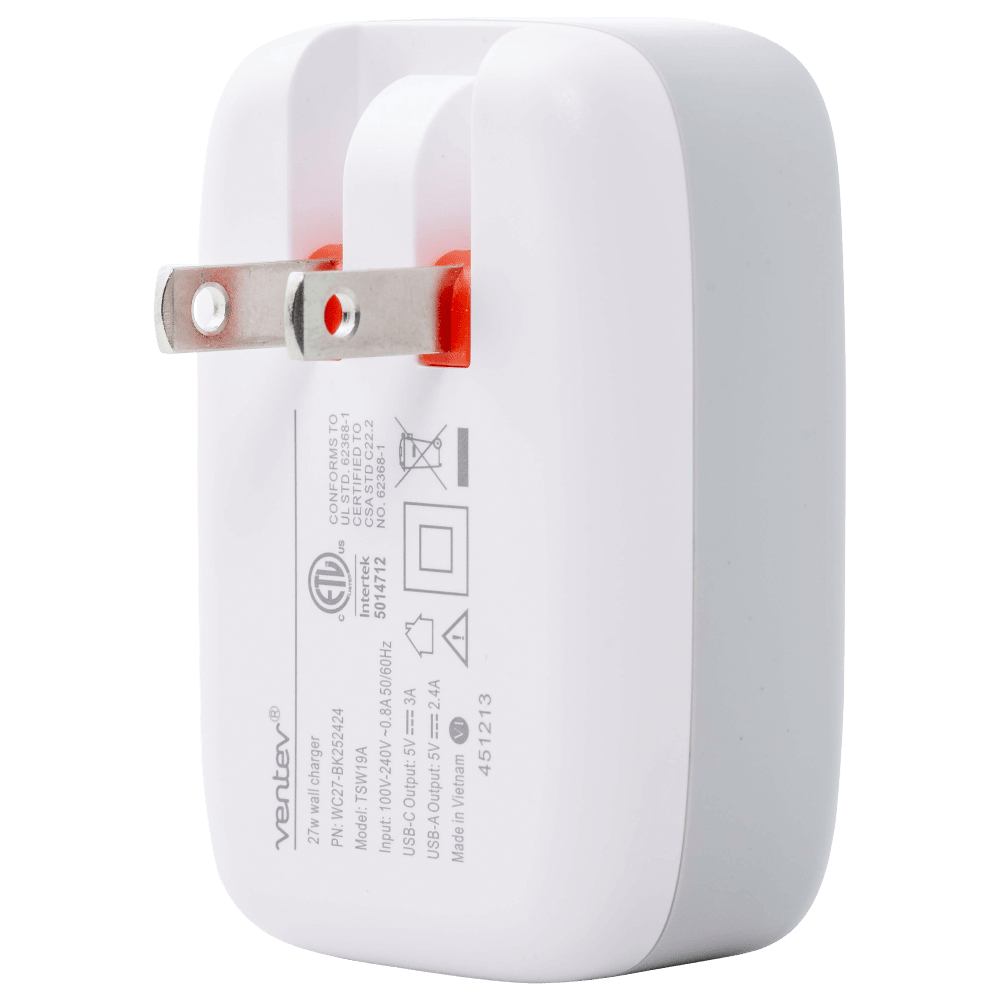 Wholesale cell phone accessory Ventev - 27W Dual USB C and USB A Wall Charger - White