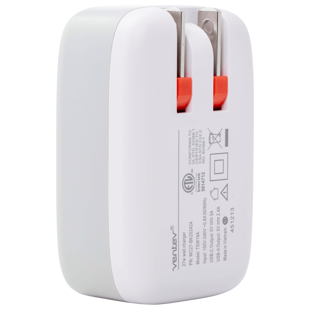 Wholesale cell phone accessory Ventev - 27W Dual USB C and USB A Wall Charger - White