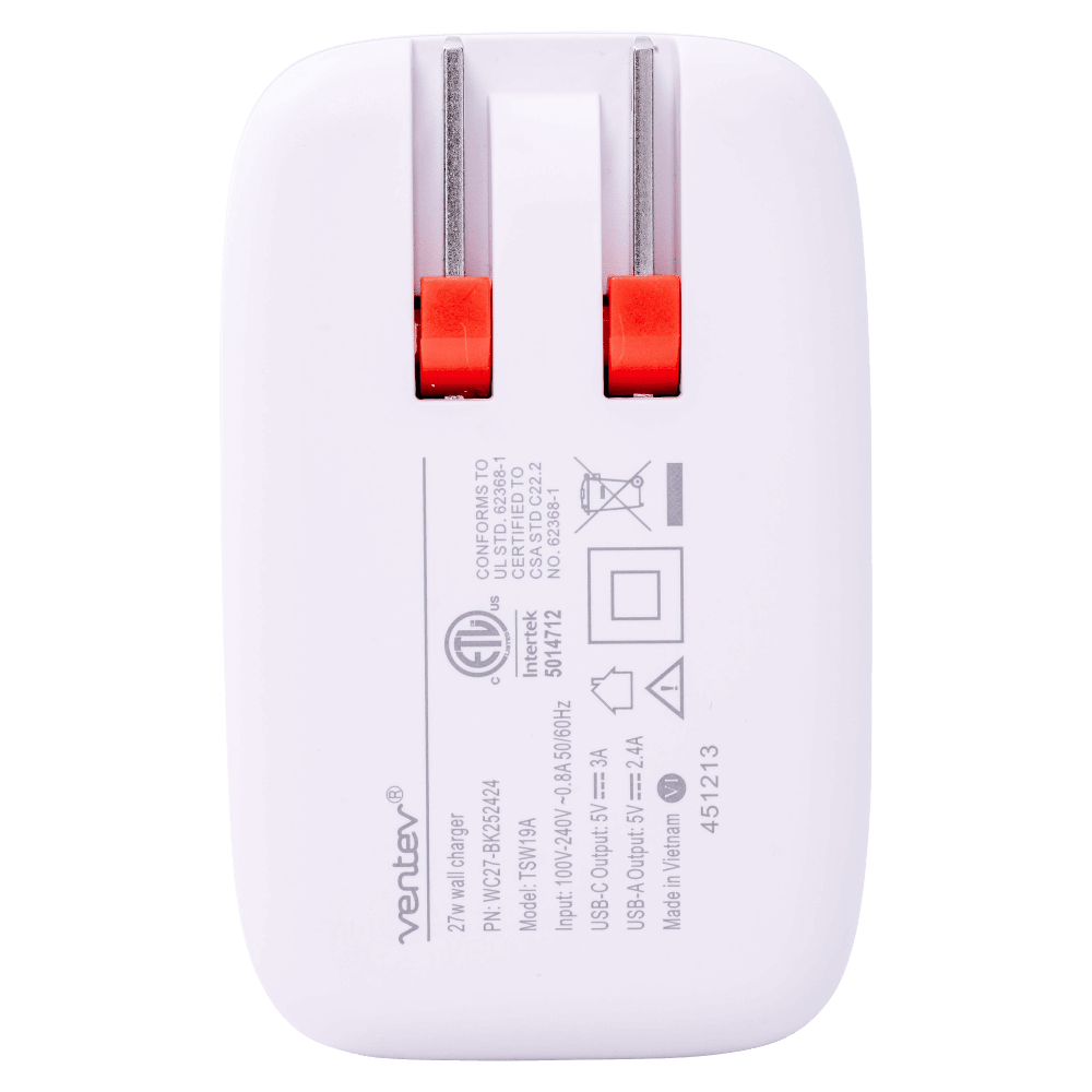 Wholesale cell phone accessory Ventev - 27W Dual USB-C and USB-A Wall Charger - White