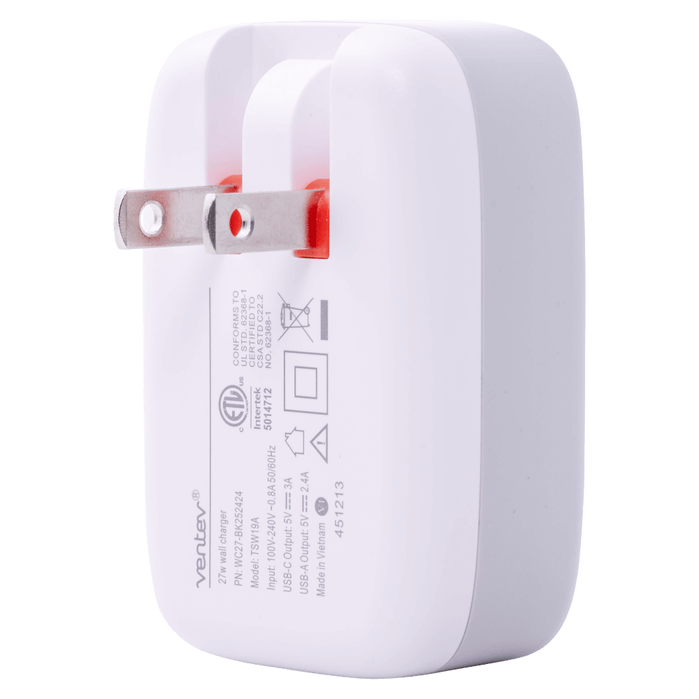 Wholesale cell phone accessory Ventev - 27W Dual USB-C and USB-A Wall Charger - White