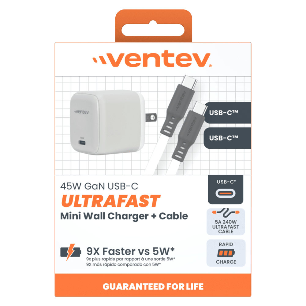 Wholesale cell phone accessory Ventev - ULTRAFAST GaN Mini 45W Wall Charger and 5A USB C to