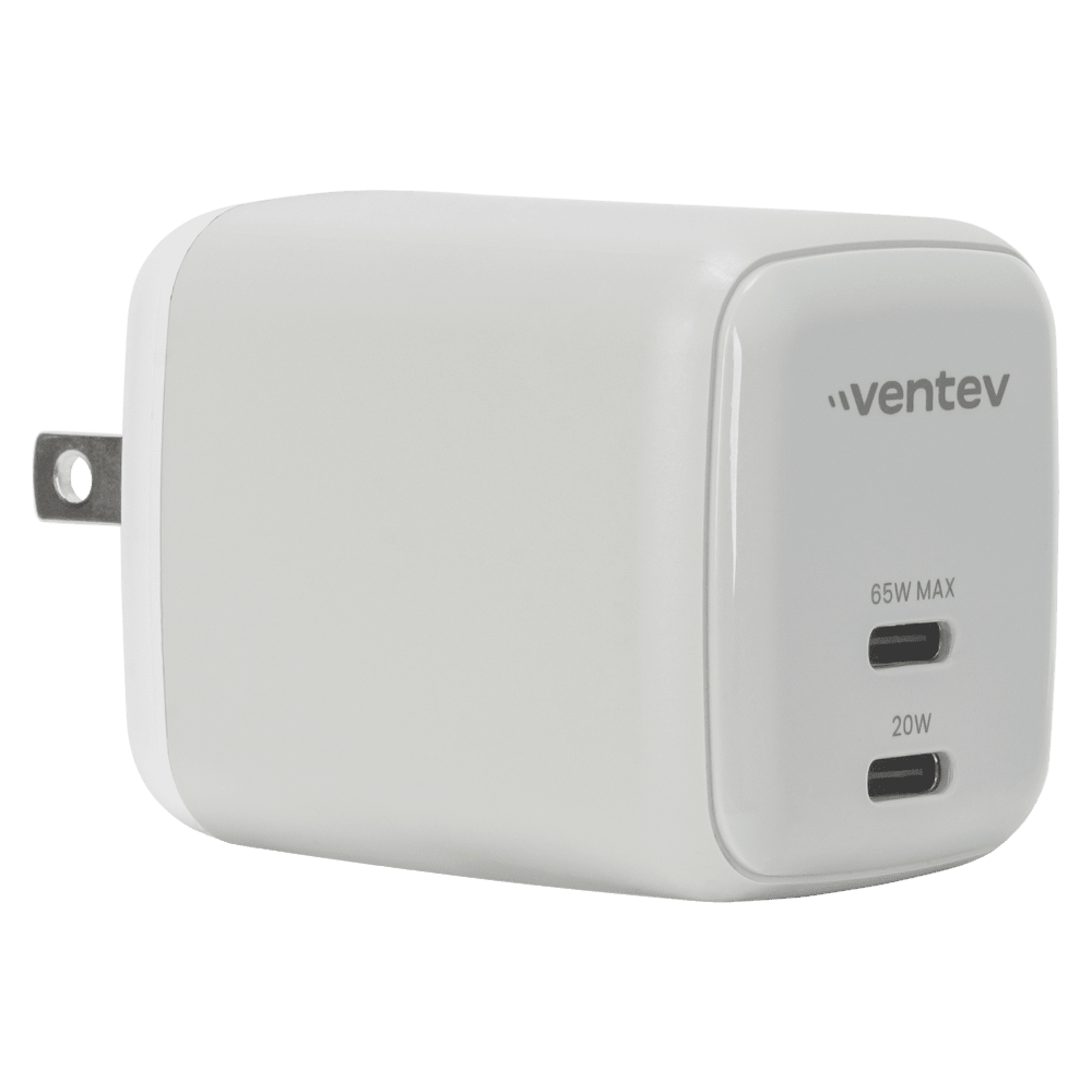 Wholesale cell phone accessory Ventev - 65W Dual USB C GaN Mini Wall Charger - White