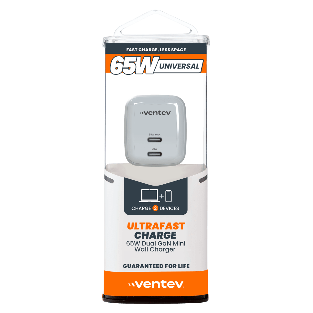 Wholesale cell phone accessory Ventev - 65W Dual USB C GaN Mini Wall Charger - White