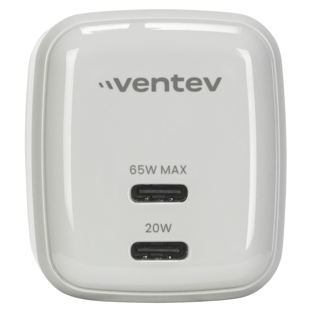 Wholesale cell phone accessory Ventev - 65W Dual USB-C GaN Mini Wall Charger - White