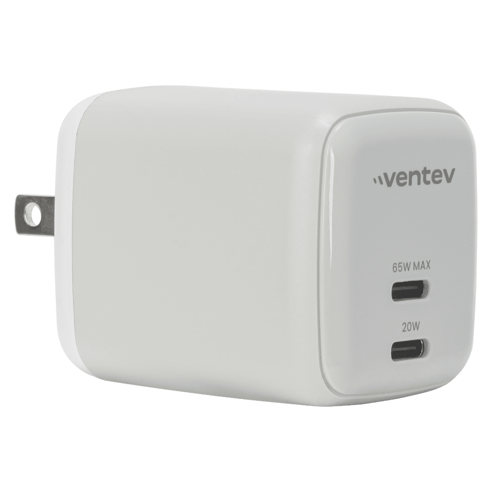 Wholesale cell phone accessory Ventev - 65W Dual USB-C GaN Mini Wall Charger - White