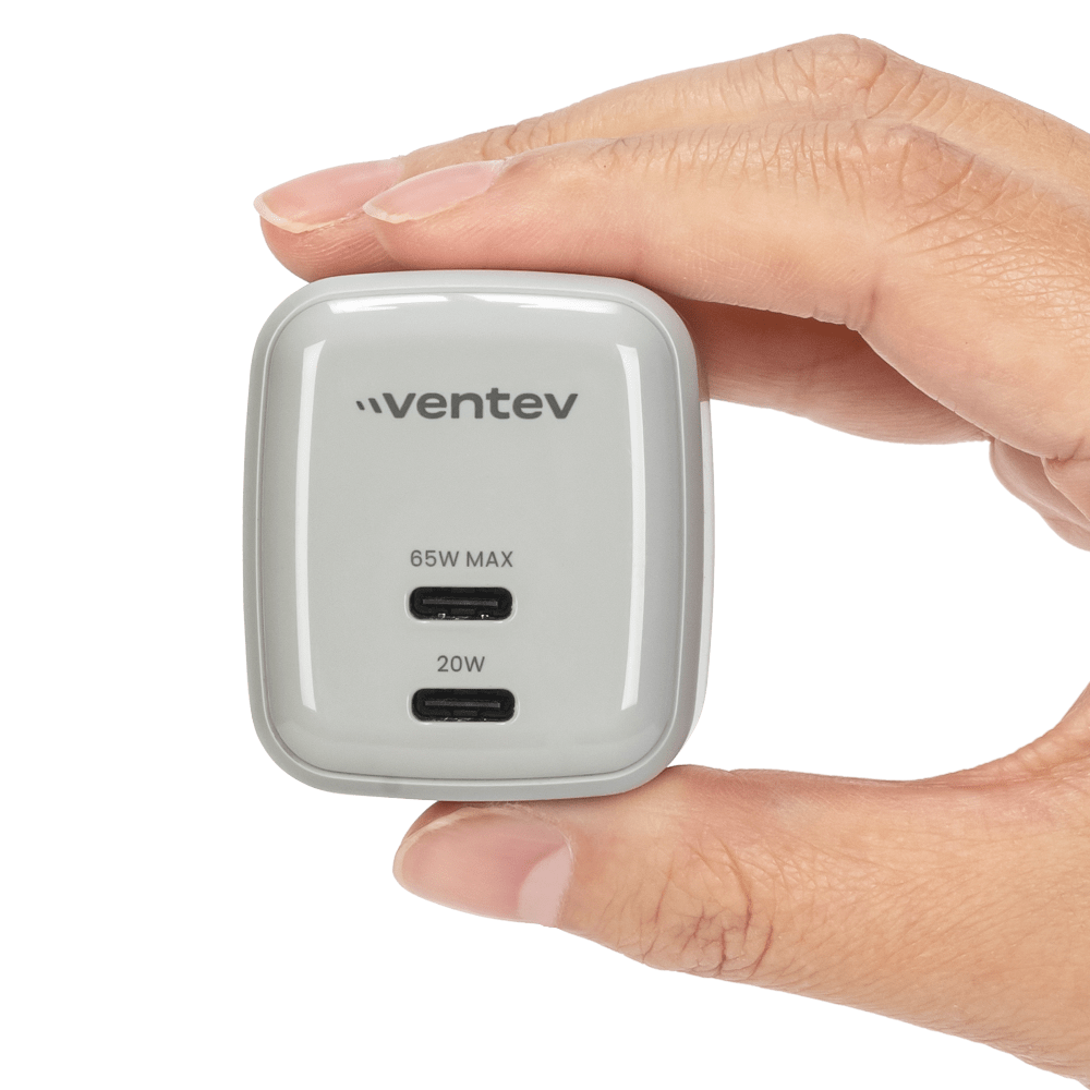 Wholesale cell phone accessory Ventev - 65W Dual USB-C GaN Mini Wall Charger - White