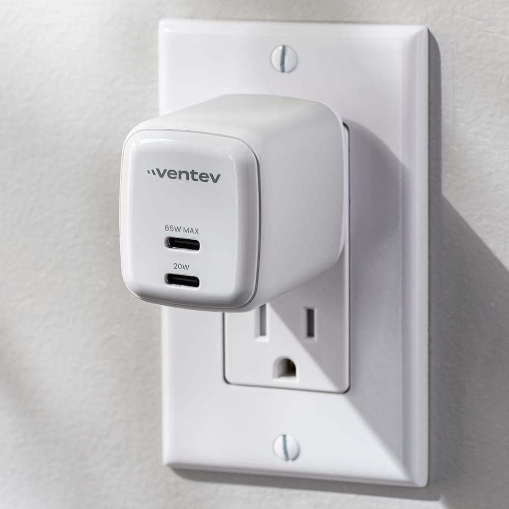 Wholesale cell phone accessory Ventev - 65W Dual USB-C GaN Mini Wall Charger - White