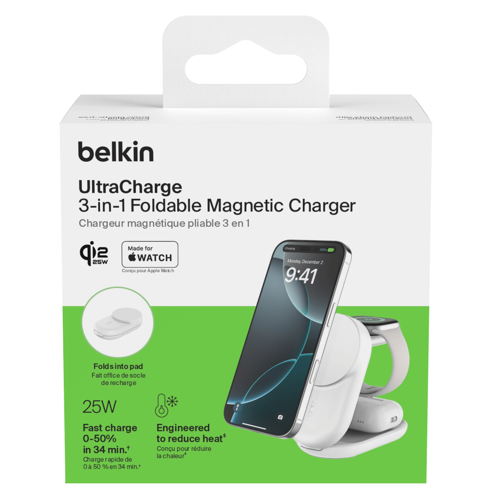 Wholesale cell phone accessory Belkin - Qi2 3 in 1 Foldable Charger 25W - White
