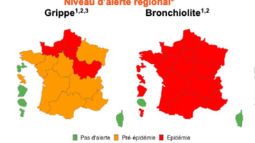 Grippe : covid, bronchiolite, aviaire, le point avant les fêtes 2024. Image de la France hexagonale en rouge pour la bronchiolite et en rouge et orange pour la grippe. Sources : Sante publique France.