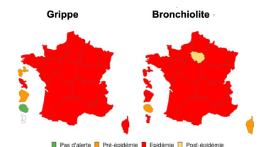 Grippe et bronchiolite : l’épidémie s’installe en France début 2025. Images de la France colorée en rouge indiquant une épidémie active de grippe et de bronchiolite.