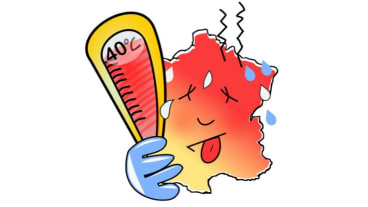 Canicule et fortes chaleurs : conseils de prévention. Image d'un personnage imaginaire en forme hexagonale comme la France qui est rouge de chaud et tient un thermomètre qui marque 40 degrés.