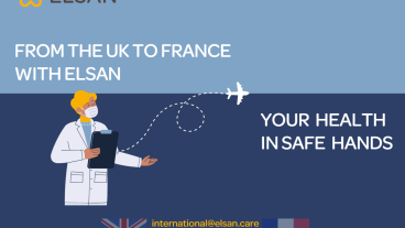 Illustration featuring a doctor holding a clipboard, an airplane flying from the UK to France, and the text ‘From the UK to France with ELSAN – Your health in safe hands’, along with UK and French flags and ELSAN contact information