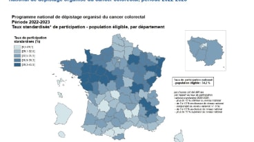Pourquoi la participation au dépistage du cancer du côlon reste-t-elle faible ? image d'un graphique avec la France et des nuances de bleu en fonction de la participation au dépistage du cancer colorectal selon les départements ou territoires. Schéma Santé publique France