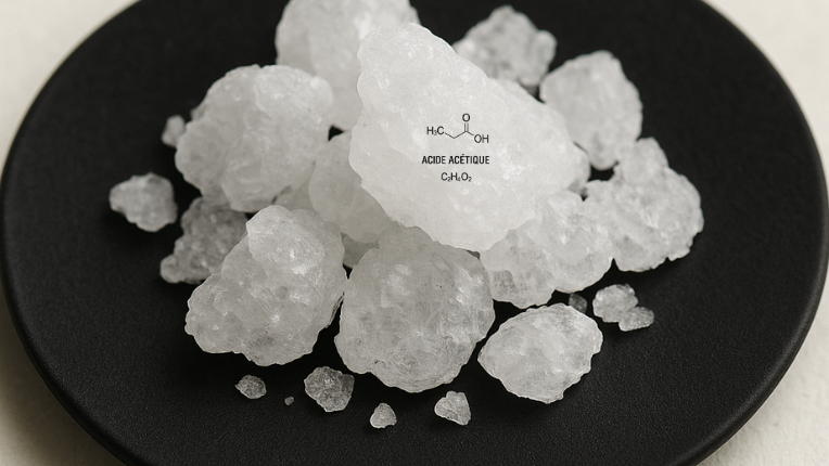 Acide acétique sous forme solide avec formule chimique posé sur un plat noir en pied 