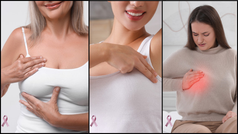 Autopalpation du sein.Trois femmes montrent comment procéder à l'autopalpation.