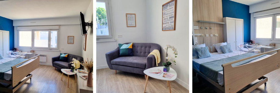 Chambre de maternité CALM à la Clinique du Fief de Grimoire (ELSAN), conçue pour offrir confort, intimité et bien-être aux jeunes mamans dans un environnement chaleureux et apaisant.