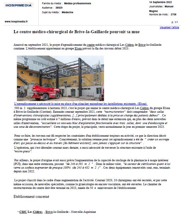 Article Hospimedia sur les travaux à la Clinique Les Cèdres