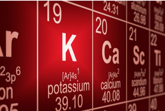 Hypokaliémie : tableau des symboles chimiques mettant en valeur la lettre K, potassium, en baisse dans l'hypokaliémie.
