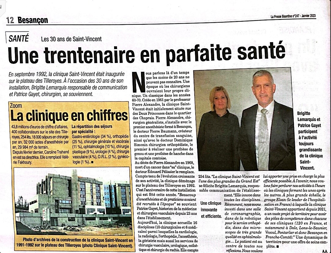 Presse : Les 30 ans de la Clinique Saint Vincent