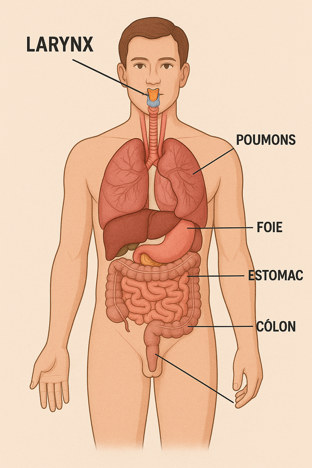 anatomie , du corp avec différents organe visible et un axe sur le larynx pour opération avec Robot Da Vinci