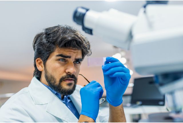 Homme en blouse blanche analysant un prélèvement