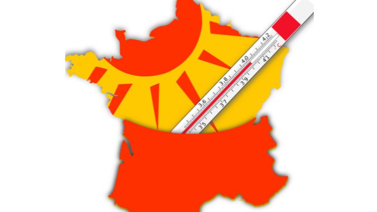 Canicule et fortes chaleurs : conseils de prévention. Image d'une carte de France sur laquelle sont figurés un soleil rouge et ses rayons à côté d'un thermomètre qui marque 40 degrés.