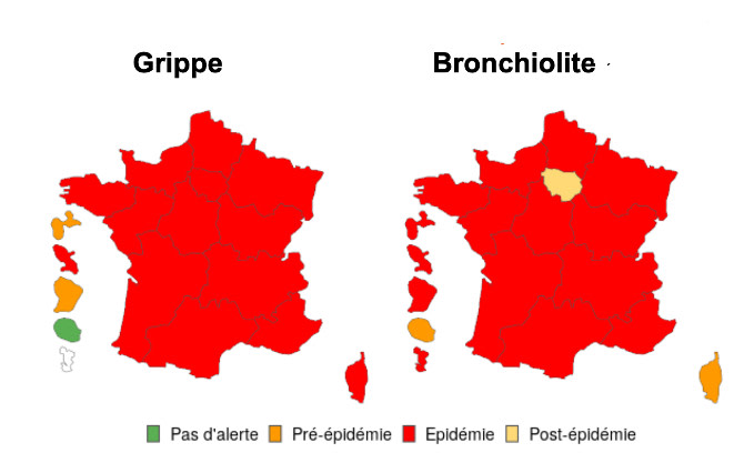 Grippe et bronchiolite : l’épidémie s’installe en France début 2025. Images de la France colorée en rouge indiquant une épidémie active de grippe et de bronchiolite.