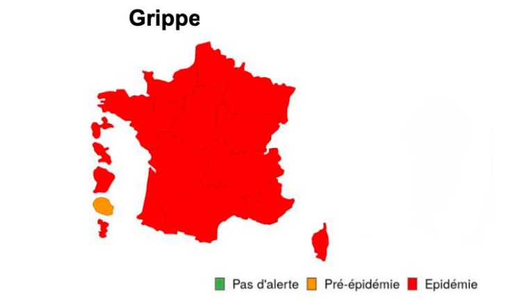 Grippe: l’épidémie toujours bien installée en France mi janvier 2026. Image de la France hexagonale toujours colorée tout en rouge. Exceptée la Réunion toujours en pré-épidémie.