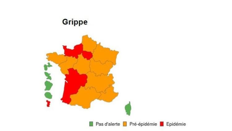 Grippe: l’épidémie s’installe en France en décembre 2025. Image de la France colorée en rouge et orange indiquant une épidémie active de grippe presque partout.