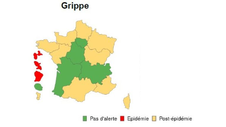Grippe 2025-2026. Fin de l'épidémie au 25 février 2026. Sur cette carte de Santé publique France, seules la Guyane, la Martinique et la Guadeloupe sont encore en situation épidémique.