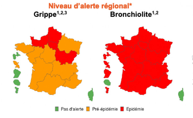 Grippe : covid, bronchiolite, aviaire, le point avant les fêtes 2024. Image de la France hexagonale en rouge pour la bronchiolite et en rouge et orange pour la grippe. Sources : Sante publique France.