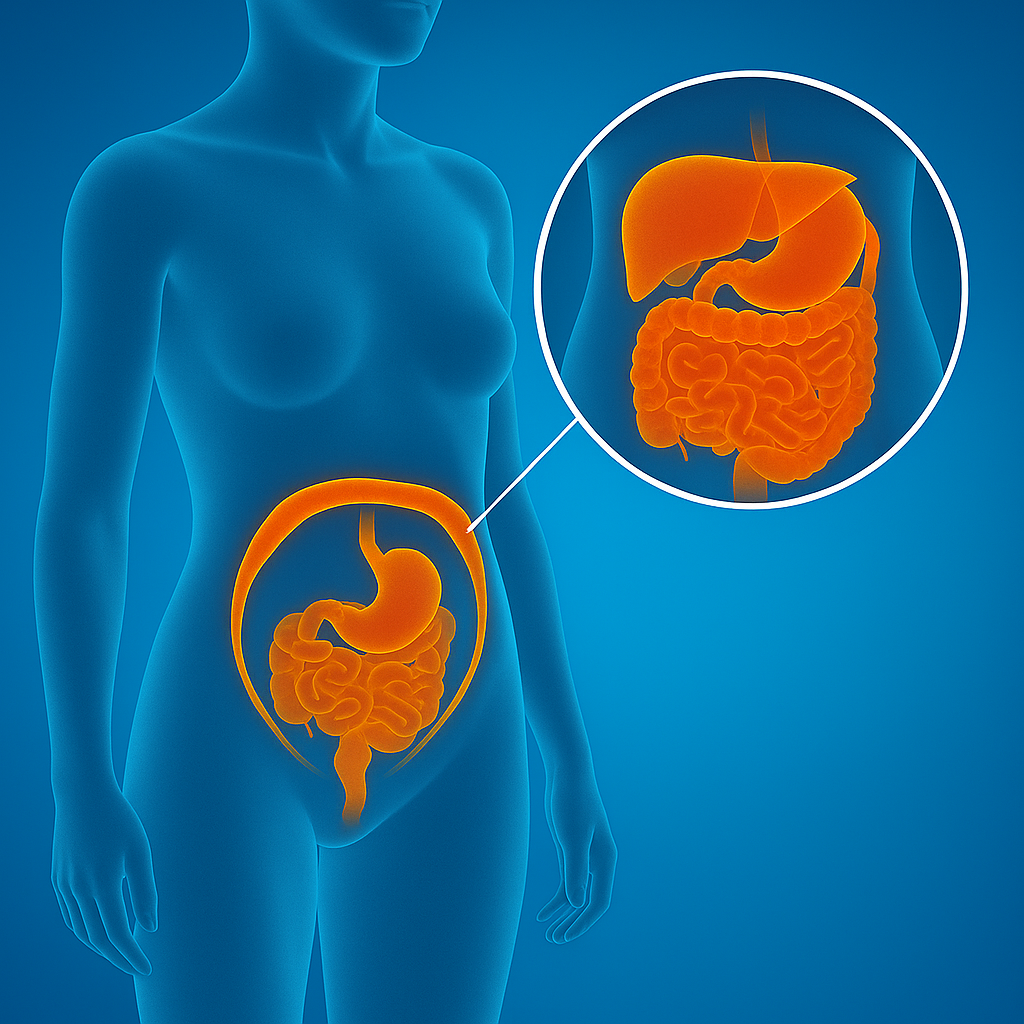 Illustration du péritoine pour opération par Robot Da Vinci. Le péritoine est figuré en orange sur le dessin en 3D d'un corps humain.