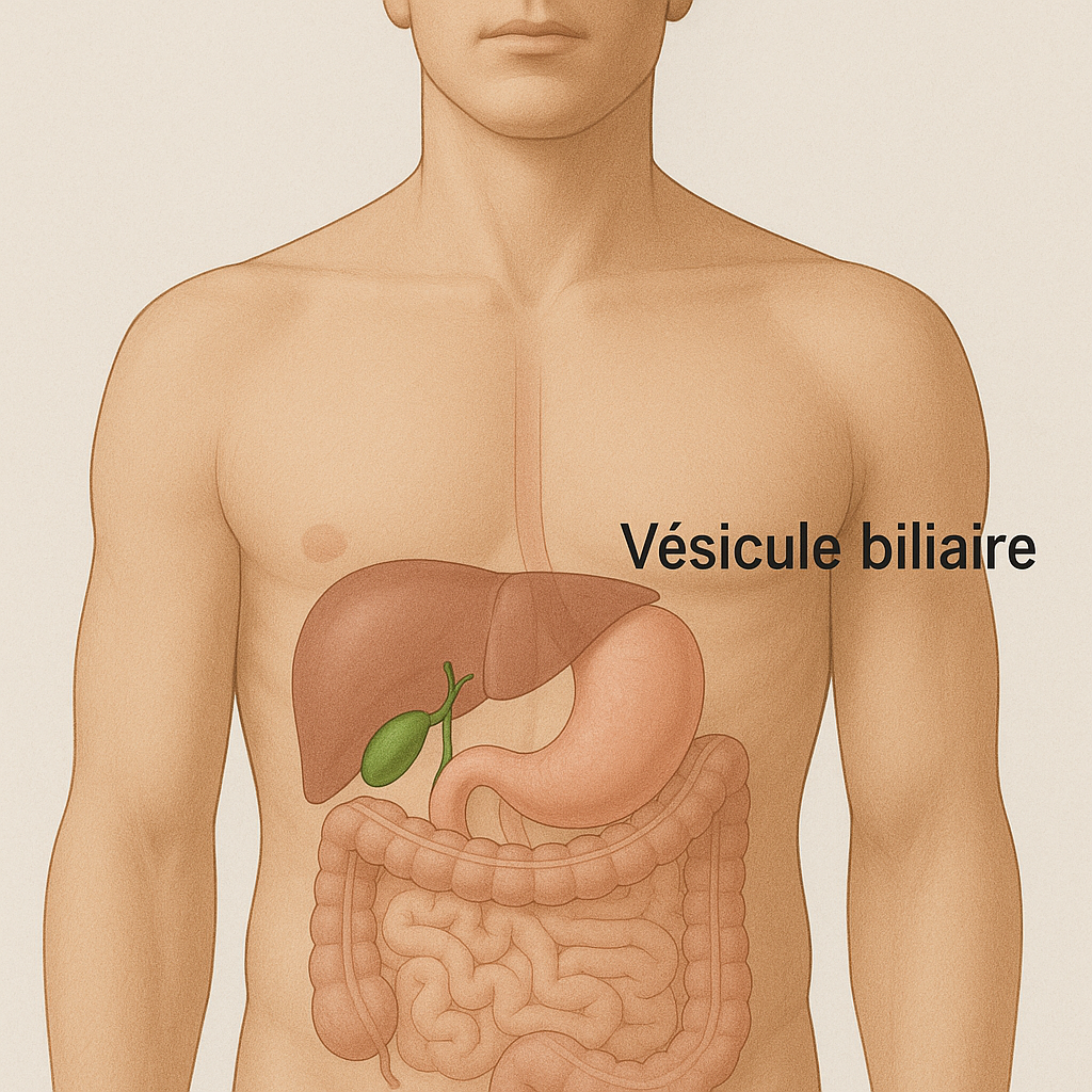 illustration du corps humaine avec un axe sur les organe digestifs et principalement la vésicule biliaire
