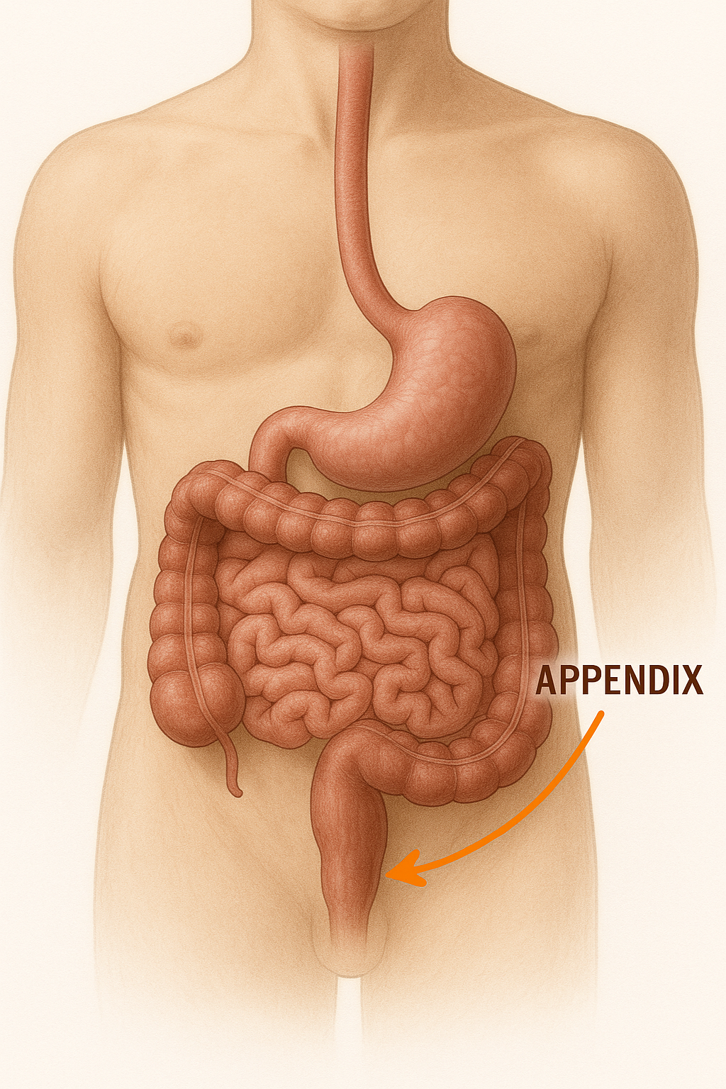 Illustration d'un corps humain avec les organes digestifs visisbles mais un accent particulier sur lappendice