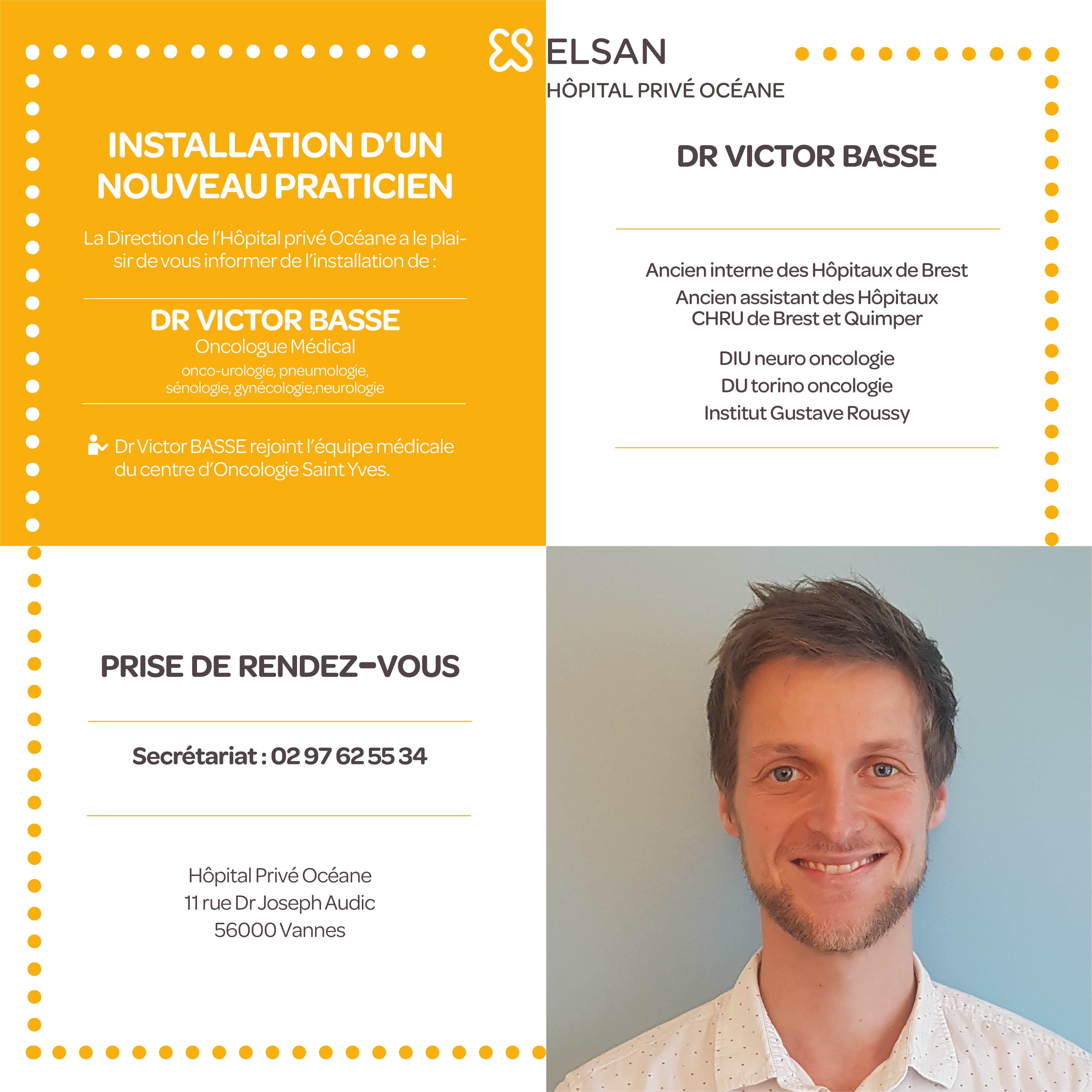 Arrivée Dr Victor BASSE, Oncologue, Hôpital Privé Océane, Vannes