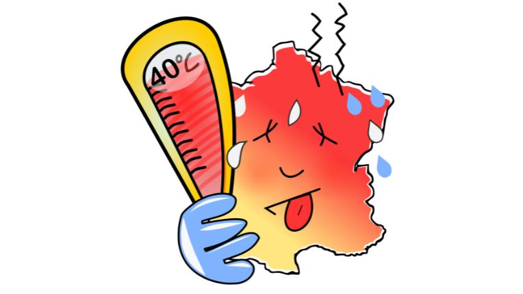 Canicule et fortes chaleurs : conseils de prévention. Image d'un personnage imaginaire en forme hexagonale comme la France qui est rouge de chaud et tient un thermomètre qui marque 40 degrés.
