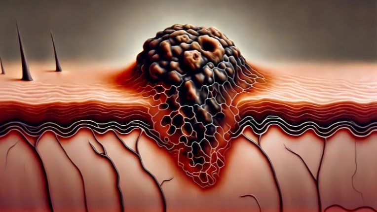Quels sont les différents types de cancer de la peau ? Image de synthèse d'un mélanome qui se développe en profondeur.