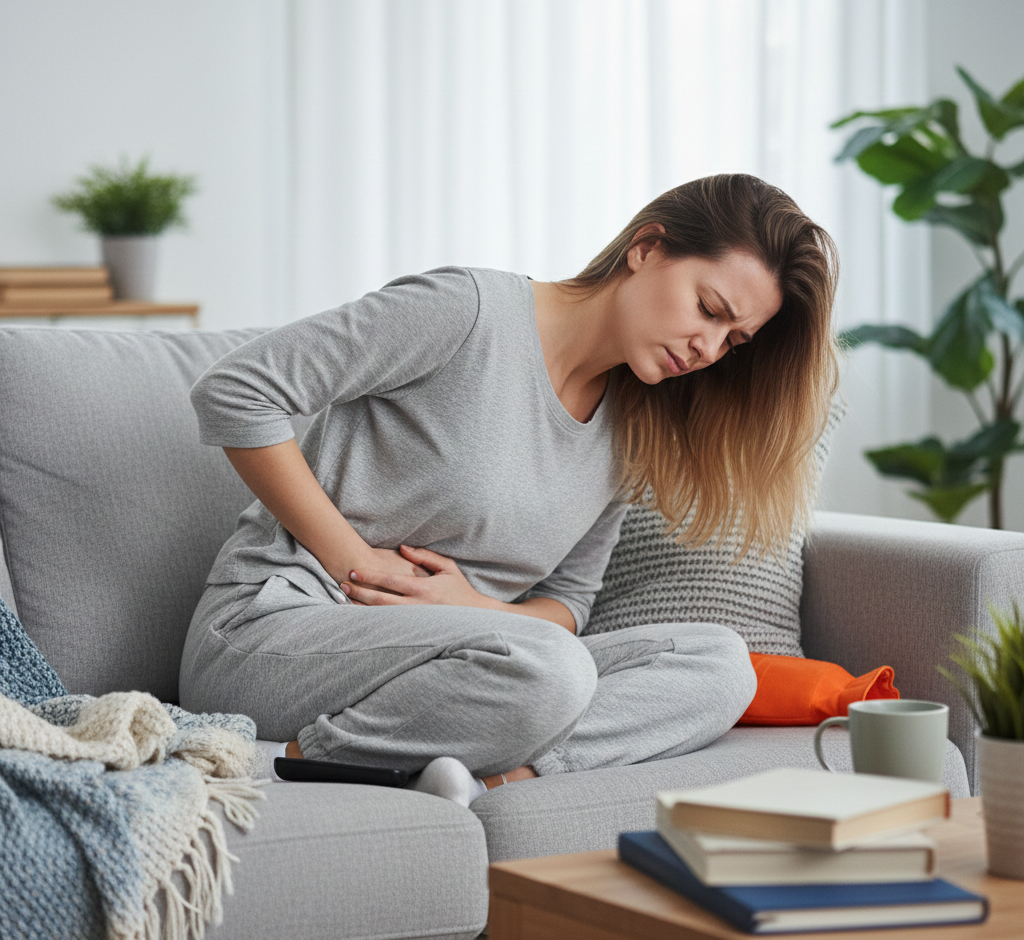 Syndrome premenstruel (SPM) : femme sur le canapé souffrant de douleur au ventre