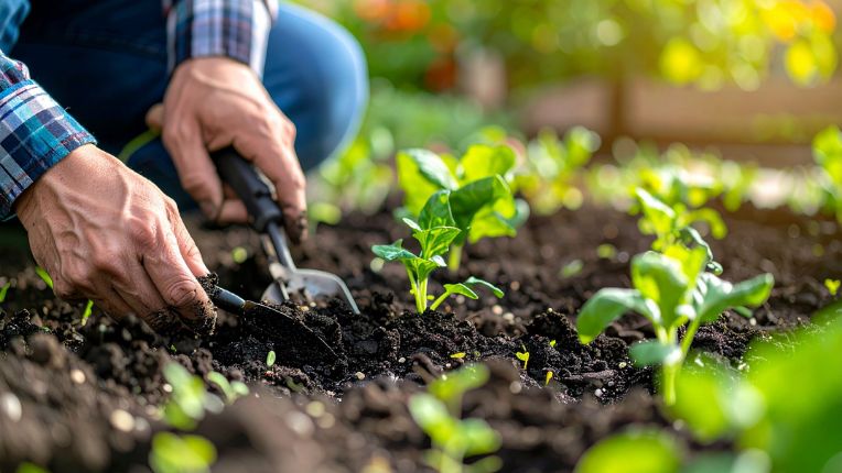 Vaccin tétanos Marseille. Homme en train de travailler dans son potager. Les spores du tétanos se trouvent dans la terre. Le vaccin prévient la maladie.