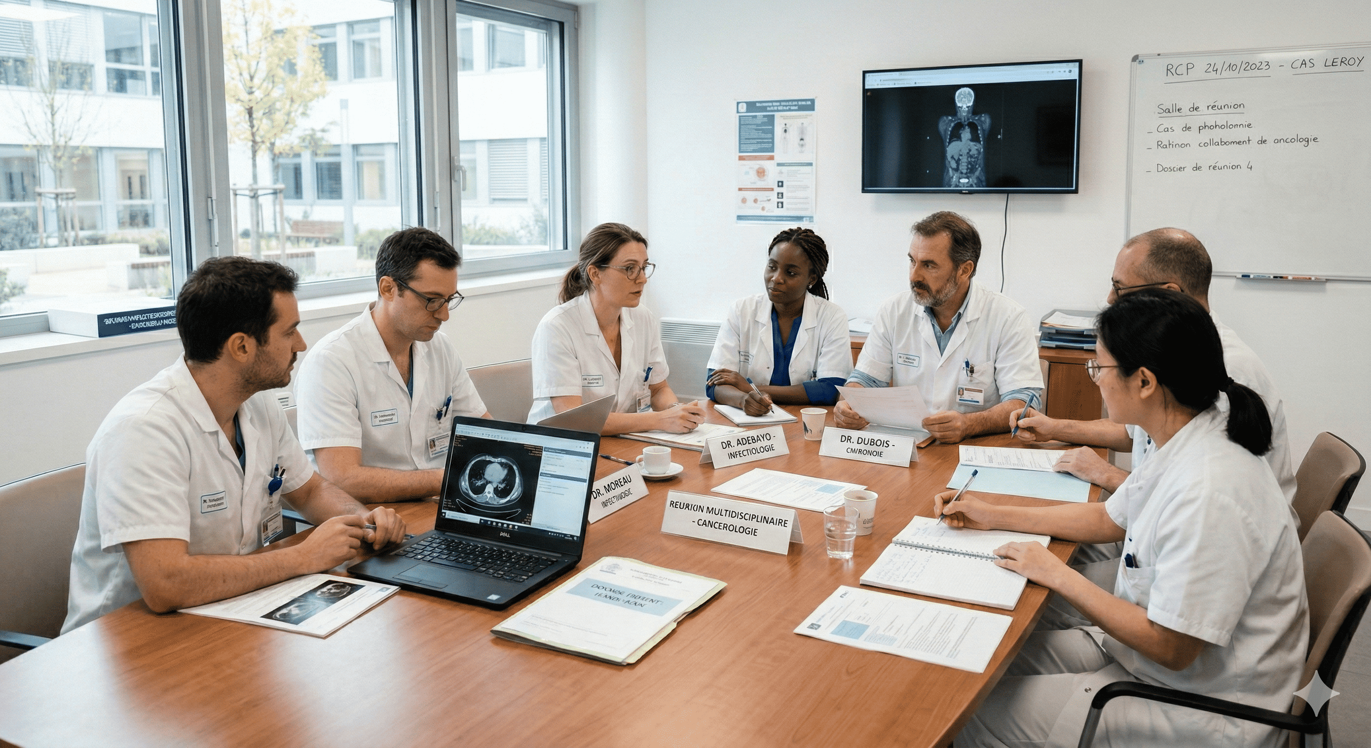 Équipe médicale spécialisée en cancérologie en réunion pour discuter de la prise en charge des patients à Valenciennes