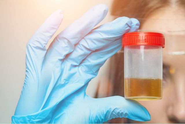 Un flacon d'urine qui contient peut-être des urines (protéinurie).