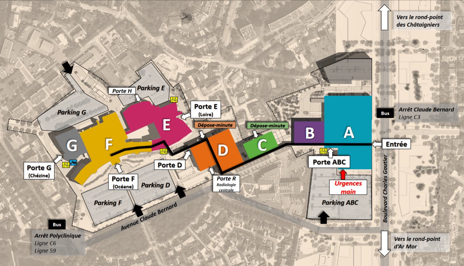 Plan de Santé Atlantique. Accès aux urgences Main par la porte dédiée au niveau du bâtiment A.