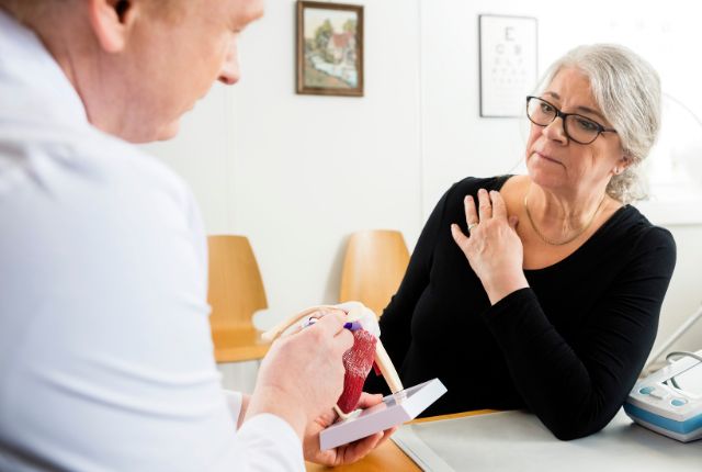 Un médecin indique à une patiente comment fonctionne la coiffe des rotateurs sur une maquette représentant le haut de l'épaule.